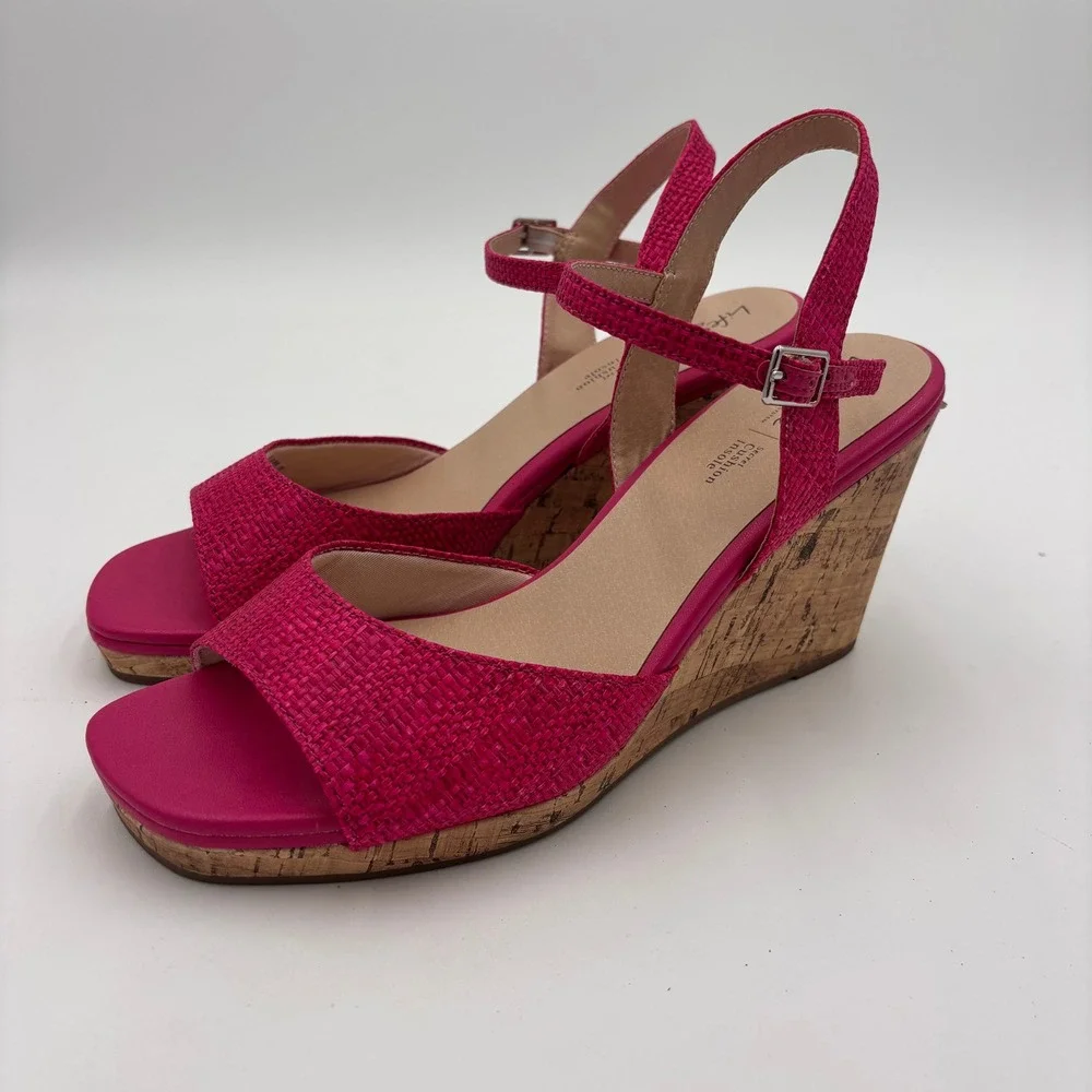 LifeStride Wedge Sandals Womens 8.5 Magenta Pink Woven Cork Heel Strappy